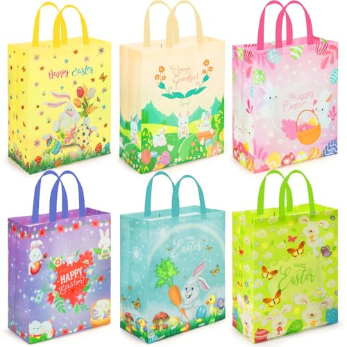 AhfuLife 6 PCS Borse Regalo Pasqua Riutilizzabili, 38 x 30 x 15cm, Sacchetti Tessuto Non Tessuto con Manici per Caccia Uova Pasqua, Decorazioni Festa Pasquali
