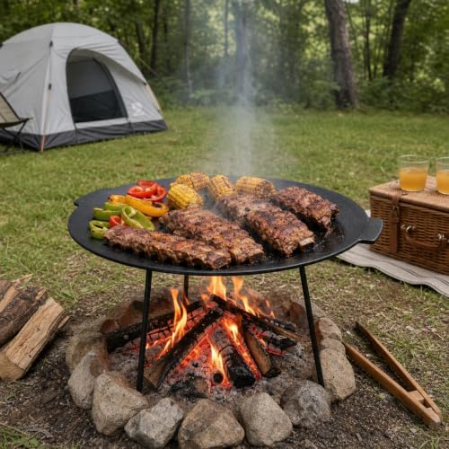 YRHome Piastra per barbecue in ghisa Ø 48 cm con 3 piedini in ferro, già cotta con olio vegetale naturale, piastra rotonda per falò, braciere e barbecue da giardino, con borsa per il trasporto