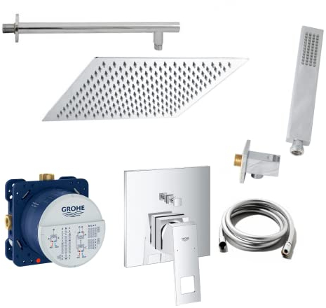 vanvilla Duschsystem mit Unterputz Duscharmatur von Grohe Eurocube Einhandmischer und vanvilla Regendusche mit Armatur, Duschkopf eckig, Dusch-SET G01 poliert