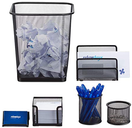 Relaxdays Schreibtisch Organizer 6er Set, Ablage Visitenkarten, Zettelbox, Briefablage, Stifteköcher, Mülleimer, schwarz