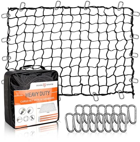 Seven Sparta 5’ x 7’ Bungee Cargo Net Stretches to 10' x 14' for Truck Bed, Pickup Bed, Trailer, Trunk, SUV with 16 Bonus D Clip Carabiners Car Organizer Net for Large Loads (Black)