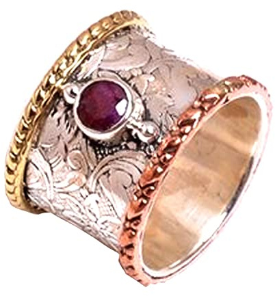 Breites Band 925 Sterling Silber Ring für Frauen, Messing und Kupfer kleiner runder Rubin Edelstein Ring (Rubin, Größe 7)