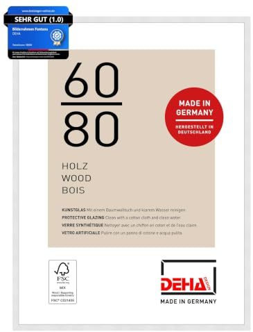DEHA Design Holz Bilderrahmen Fontana, 60 x 80 cm, Weiß | Holz Posterrahmen im Hoch- & Querformat zum Aufhängen Weiß matt bruchsicheres Kunstglas