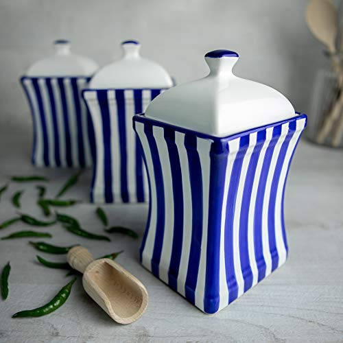 City to Cottage® Set di 3 Barattoli Grandi da 900ml in Ceramica | Contenitori per Cibo da Cucina | Realizzato e Dipinto a Mano | Fantasia a Righe Blu Scuro
