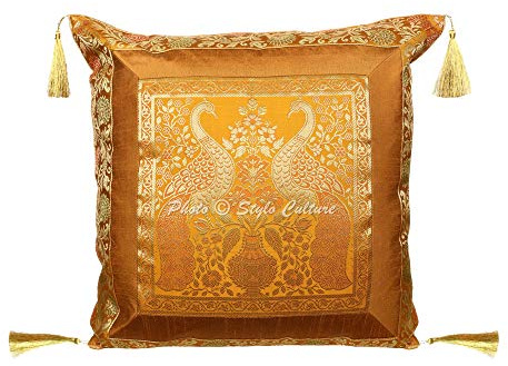 Stylo Culture Indio Fundas Almohadones Decorativa 45x45 cm Brocado De Seda Pavo Real Fundas De Cojines Sofa Amarillo Mostaza 18x18 Inch Borlas De Jacquard Cuadrado Cremallera Funda Cojin Silla - 1 Pc