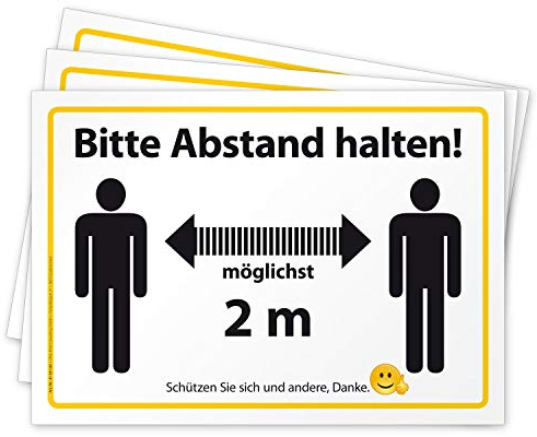 3 Aufkleber Bitte Abstand halten Hinweis-Schild für Einzelhandel und Behörden, Folie selbstklebend DIN A4 (297 x 210 mm) groß