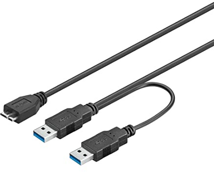 CABLEPELADO Cable Dual USB 3.0 Datos y Alimentación | Cable Dual-Power | 2X USB Macho a Micro USB B | Compatible con Wii U PS4 Xbox HDD Externo Toshiba, Western Digital My Passport | Negro | 50 cm