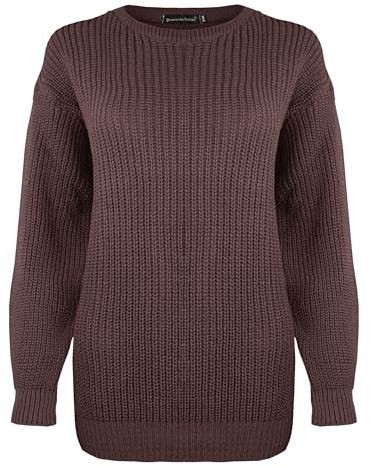 Generation Fashion New Ladies Women Long Sleeve Knitted Baggy Jumper Oversized Sweater Crew Neck Pullover Top[Brown,LXL]