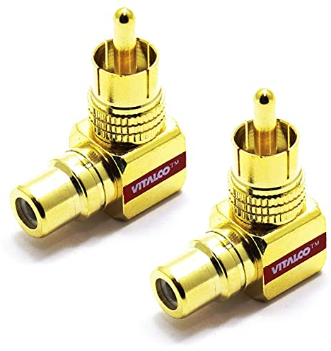 VITALCO RCA 90 Degree Angled Adapter Gold-Plated Phono Right Angle 90° Male to Female Connector 2 Pieces set