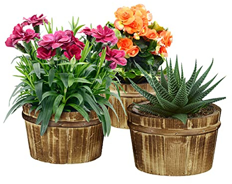 Relaxdays Holz Blumentopf, 3er Set, Garten Deko zum Bepflanzen, Balkon und Fensterbank, HxD: 10 x 16 cm, Übertopf, braun