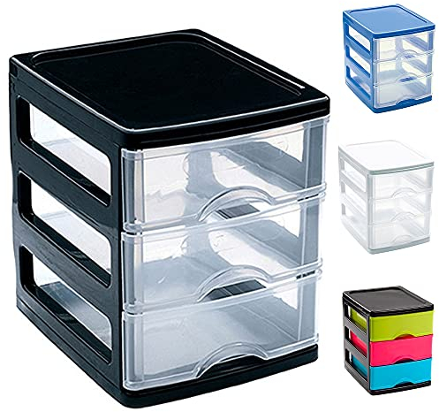 3 Drawers Plastic Desktop Storage Unit with Drawers, Stationary Arts Drawer Desktop Tabletop Organiser Storage Tower Unit for Office Bedroom Garage (17 x 13.5 x 17cm, Black with Clear Drawers)