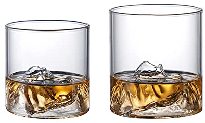 MISNODE Juego de 2 vasos de whisky con impresión de montaña, vidrio de rocas de montaña, vasos de beber, vasos de vidrio antiguos, tazas de té para whisky, Bourbon