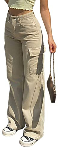 ORANDESIGNE Pantalon Cargo Femmes Y2K Baggy Rétro Loose Denim à Bretelles Multi-Poche Streetwear Jambes Larges Taille Haute Droites