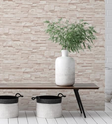 GAULAN 127675 Papier peint vinyle lessivable imitation mur de pierre d'ardoise texturé en relief beige pour mur salon cuisine bain salle à mange - Rouleaux de 10 m x 0,53 m