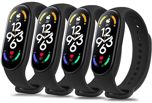 Mugust 4Pack Correas para Xiaomi Mi Band 7 Mujer Hombre,Silicona Coloridos Recambio Suave Pulseras de Repuesto para Xiaomi Mi Smart Band 7(Negro/Negro/Negro/Negro)