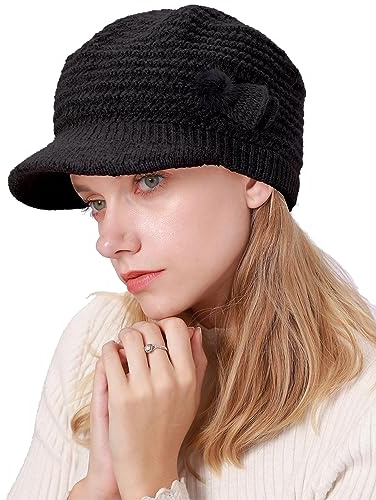 CheChury Strickmütze Damen Barett Winter Fleece Mütze Warme Frauen Grobstrick Wintermützen Mütze mit Shirm Baskenmütze Winter Damen Beaniemütze mit Schirm Wollmütze Damen Schirmmütze