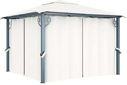 Pavillon mit Vorhängen, LAPOOH Faltpavillon, Pergola, Partyzelt, Standmarkise, Sonnenzelt, Garten Pavillion, Grillpavillon, 300 x 300 cm Creme Aluminium