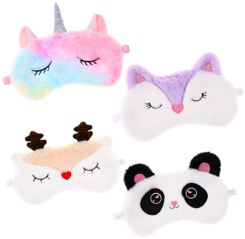 Kaisibum 4 Stück Schlafmaske Mädchen, Schlafmaske Lustig Schlafmaske Kinder Mädchen Cartoon Plüsch Schlaf-Augenmaske Geeignet für Eine Vielzahl Von Szenen und Kindergeschenke