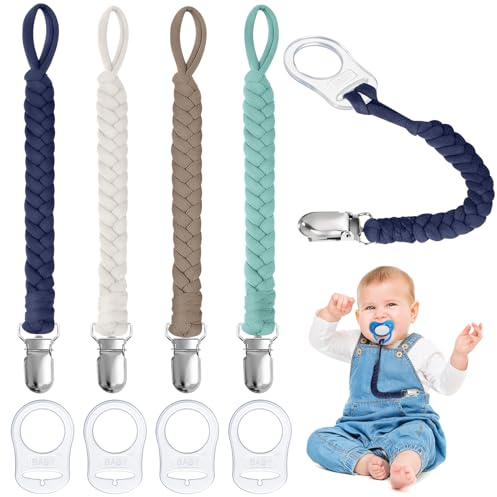 Aolso Catenella Portaciuccio, 4 Pezzi Catenella Ciuccio con 4 Pezzi Anello Adattatore Clip, Stile intrecciato Catena per Ciuccio in Cotone, per Regalo Nascita Battesimo Baby Compleanno Natale-marrone