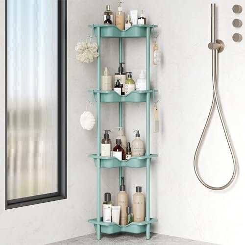 Orimade 4 Niveles Estanteria baño de Ducha de pie,Organizador de Esquina de Piso de Empalme de Metal plástico, cesta ducha sin taladrar para baño Azul