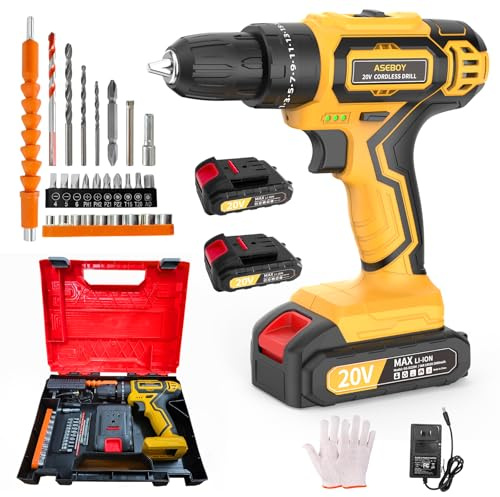 Aseboy Cordless Drill with Battery and Charger, 20V Electric Power Drill with 3/8 Keyless Chuck, 25+3 Torque Settings & Impact Mode for Drilling, Screwdriving, and Home Improvement(2 Batteries)