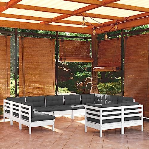 WEMYUFURN 11-TLG. Garten-Lounge-Set mit Kissen Weiß Kiefer Massivholz, Outdoor-Sitzgruppe, Terrassen-Lounge-Set, Garten-Couchgarnitur - Wetterbeständig, Komfortabel - für Terrasse, Garten und Balkon