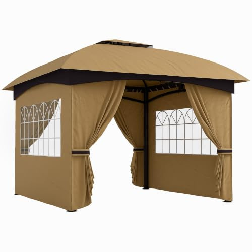 Outsunny Pavillon ca. 3,4x3,4 m Wasserabweisend 4 Seitenteile Beige | Gartenpavillon, Doppeldach, Partyzelt, UV-Schutz, Gartenzelt, Verzinkter Metallrahmen, für Garten