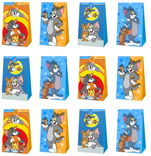 Papiertüten Tom Jerry, 12 Stück Geschenktüten mit 18 Aufkleber, Partytüten Candy Tüten zum Befüllen und Verschenken, Verpacken von Geschenken, Giveaways, Kindergeburtstag, Hochzeit, Party