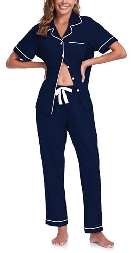 COLORFULLEAF Women's 100% Cotton Pyjama Set Button Up Pjs 2 Pieces Short Sleeve Tops and Pants with Pockets(Navy Blue,M)