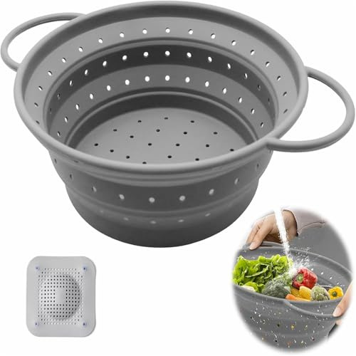 Faltbares Sieb 25cm + Anti-Verstopfung Silikonmatte (14.5cm Grau) | 3-in-1 Küchensieb Set mit Abflusschutz & Spülmaschinenfest | Für Nudeln, Reis, Haarsieb