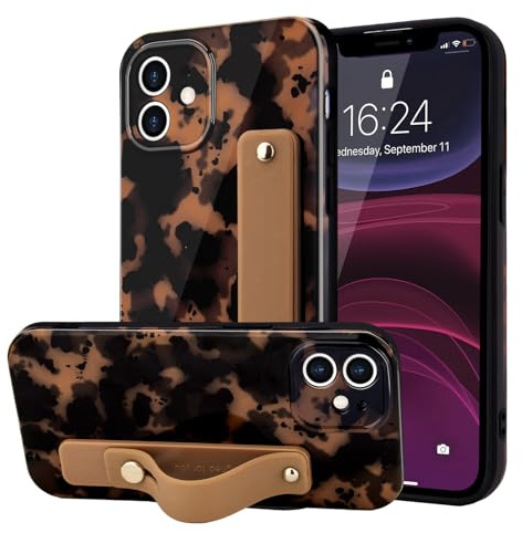 LAPOPNUT for iPhone 11 Case Strap Leopard Tortoise Print, Brown | Cheetah Amber Pattern Phone Cover, Adjustable Finger Wrist Stand Holer, Cute for Women Girls Men,TPU Bumper Shell, Protecion