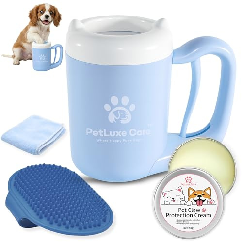 PetLuxe Care Dog Paw Washer Kit - Includes Paw Cleaner Cup, Towel, Pet Bath Brush & Moisturizing Balm - Dog Foot Washer for Muddy Paws, ideal for Small & Medium Dogs (Blue, Small)
