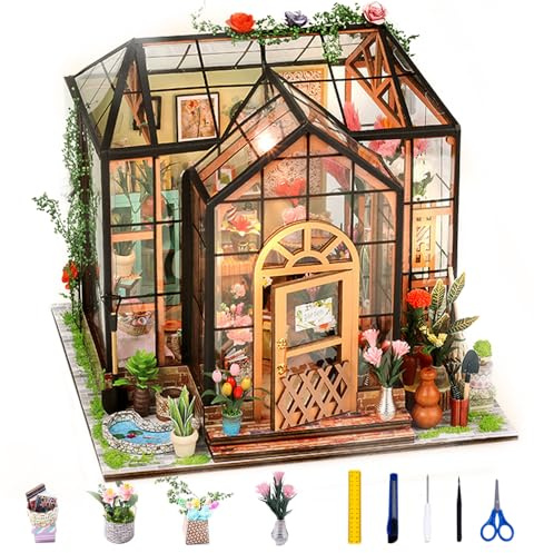 DIY Miniatur Haus Puppenhaus Gewächshaus mit Licht, Miniatur Haus Bausatz, DIY Gewächshaus Holz, Bastelset Geburtstag Geschenke für Erwachsene Frauen Mädchen
