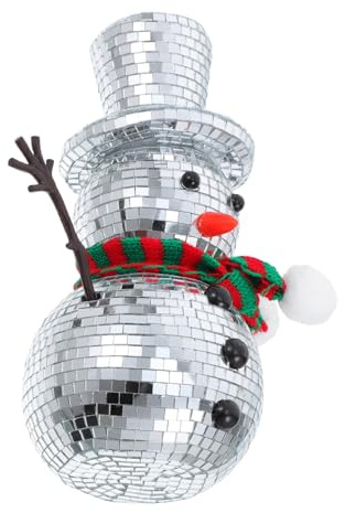 Veemoon Christmas Disco Ball Snowman Figurine Modern Holiday Decoration with Knitted Scarf and Hat Festive Ornament for Home Fireplace and Pub Decor