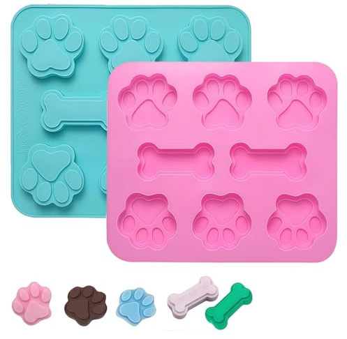 LUMOOM 2 stampi in silicone per cioccolato, stampo in silicone con zampa e ossa, stampo per ghiaccio per cani, 8 cavità per stampo per caramelle, gelatina, cubetti di ghiaccio per cani trattati