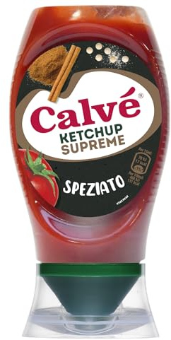 Calvé Ketchup Speziato, Formato 250 ml Top Down con Zenzero, Cannella, Pepe e Mix di Spezie Esotiche per Grigliate, Panini e Piatti Vegetariani