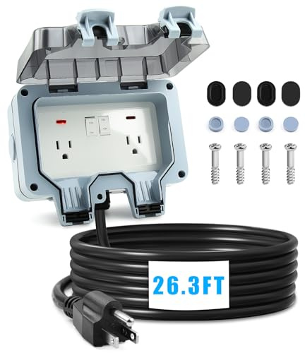 Zhushan Outdoor Power Outlet Box with 26.3FT Extension Cord, NEMA 5-15R, IP66 Waterproof, Lockable Cover, LED Indicator & On/Off Switch - Double Plug Socket for Garden, Yard, Patio, Sports Fields