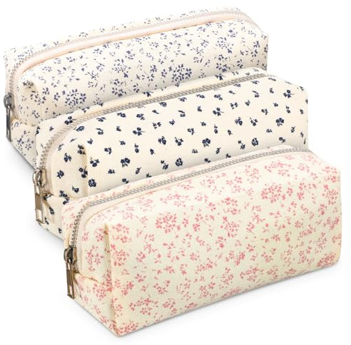 Candcamp 3 Pcs Floral Pencil Case Cute Fabric Pencil Case Pink Blue for Girls Big Capacity Makeup Bag Practical and Portable