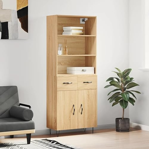 QJBSAVVA Highboard Sonoma Eiche 69,5x34x180 cm, Sideboard mit Aufsatz aus Holzwerkstoff und Metallfüßen, Modernes Wohnzimmerschrank mit Viel Stauraum, Küchenbuffet für Flur Schlafzimmer Esszimmer