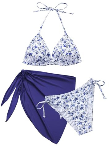 Svanco Cute Bikini Damen Set 3 Teilig mit Blumenmuster - Triangle Neckholder Oberteil, Unterteil Seitlicher Schnürung und Wrap Rock