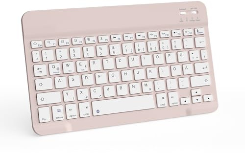 JKSML Tragbare Kabellose Bluetooth Tastatur, Deutsche QWERTZ Layout | für iPad Air/Pro/Mini/iPad 11/10,9/10,5/10,2/9,7 Zoll/iPhone, Tablet, Android, Smartphones, Ultradünn Slim - Rosa