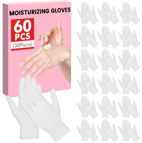 UGODAR 60 Pcs White Cotton Gloves for Dry Hands Sleeping, Soft Moisturizing Overnight SPA Gloves for Eczema, Men Women Stretchable Lotion Gloves for Coin Jewelry Silver Art Handling
