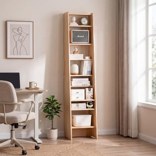 Baveke Tall Narrow Bookshelf- Wood Corner Book Shelf, 8 Tier Adjustable Skinny Ladder Shelf, Slim Bookcase & Freestanding Open Shelves for Living Room, FSC Certified Wood Etagere for Home, Natural