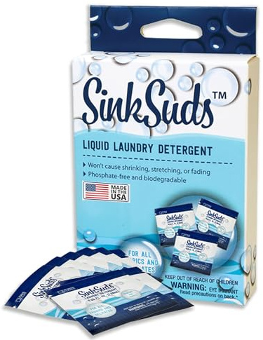 SinkSuds Laundry Detergent, Travel Size Liquid Soap, TSA Compliant, Safe For All Fabrics, 8 Packets (Packaging May Vary)