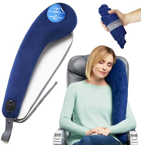 TRAVELREST All-in-One Neck & Body Pillow, Advanced Support Design, Travel Essential, Memory Foam Inserts, Washable Velour Cover, Inflatable, Airplane, Car Seat, Sleeping on Long Flights & Trips (Blue)