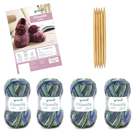 Gründl Wolle Filzwolle color - Dicke Wolle zum Filzen in der Waschmaschine für 1 Paar Hausschuhe mit Anleitung und Nadel - Weich und hautfreundlich - 100 % Schurwolle - 4 Knäuel 50 g/50 m - Grün