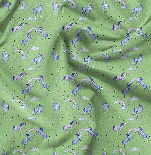 Soimoi Grun Baumwolljersey Stoff Einhorn & Regenbogen Natur Stoff Meterware 58 Zoll breit