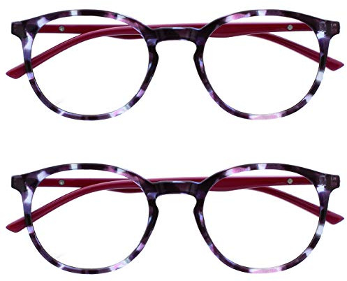 OPULIZE Met - Lesebrille Blaulichtfilter 2er Pack Schlank Runder Rahmen Federscharniere Verbessert Schlaf Computer Gaming Entspiegelt Lila Schildpatt Herren Damen BB60-5 +2.50