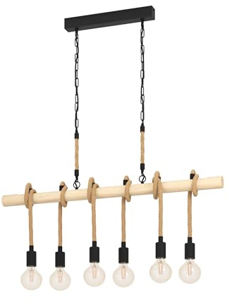 EGLO Pendelleuchte Youngstown,6 flammige Hängelampe Vintage, Industrial | Retro, Hängeleuchte aus Stahl, Holz und Naturseil, Esstischlampe, Wohnzimmerlampe hängend in Schwarz, Natur, E27 Fassung