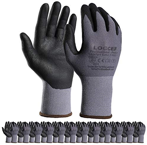 LOCCEF Safety Work Gloves MicroFoam Nitrile Coated-12 Pairs,Seamless Knit Nylon Gloves,Home Improvement,Micro-Foam Gloves (12 Pairs, 9/L)